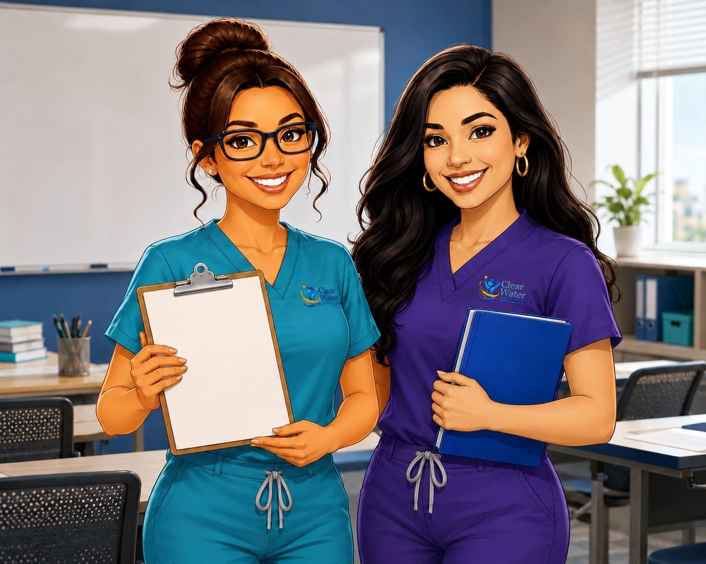 Illustration of two Clear Water instructors in scrubs ready to help with CNA test prep and skills practice